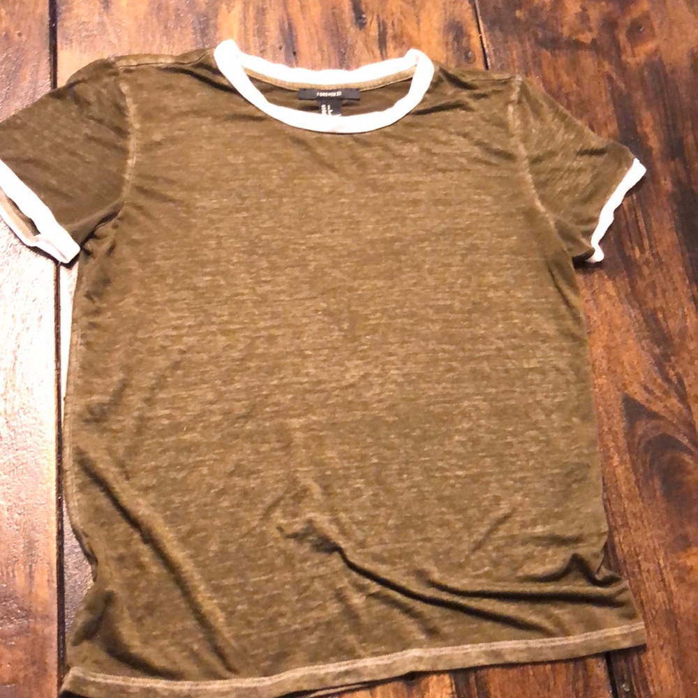 Forever 21 Olive and White Burnout Ringer T - S